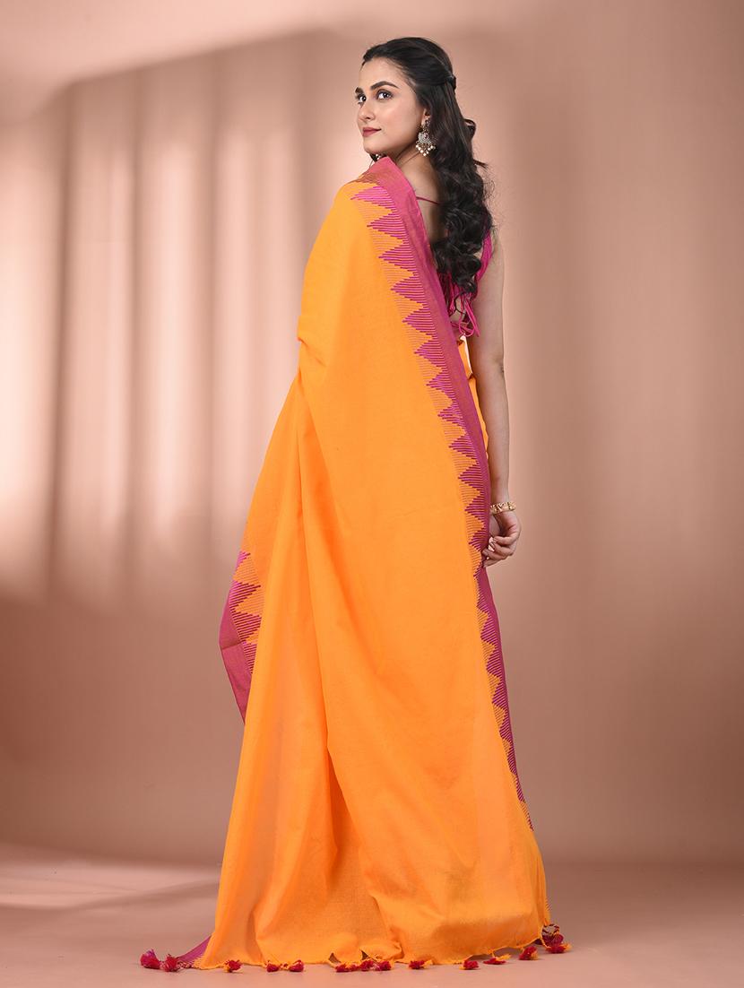 women solid with bordered handloom saree with blouse - 21905517 - Standard Image - 3