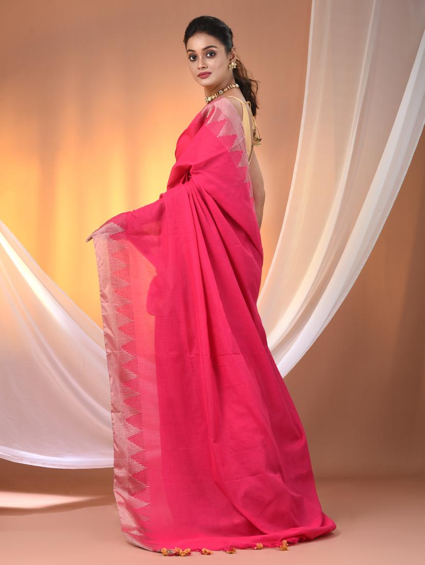 women solid with bordered handloom saree with blouse - 21905520 - Standard Image - 3