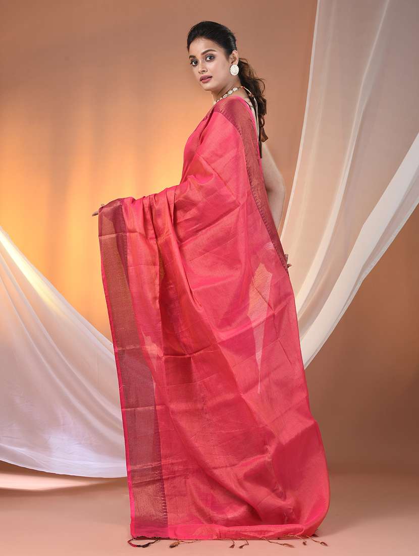 women solid with bordered handloom saree with blouse - 21905558 -  Standard Image - 3