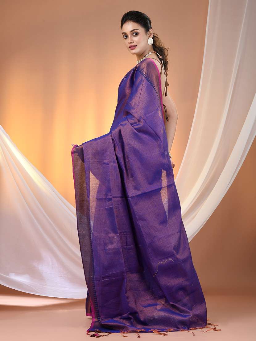 women solid with bordered handloom saree with blouse - 21905560 -  Standard Image - 3