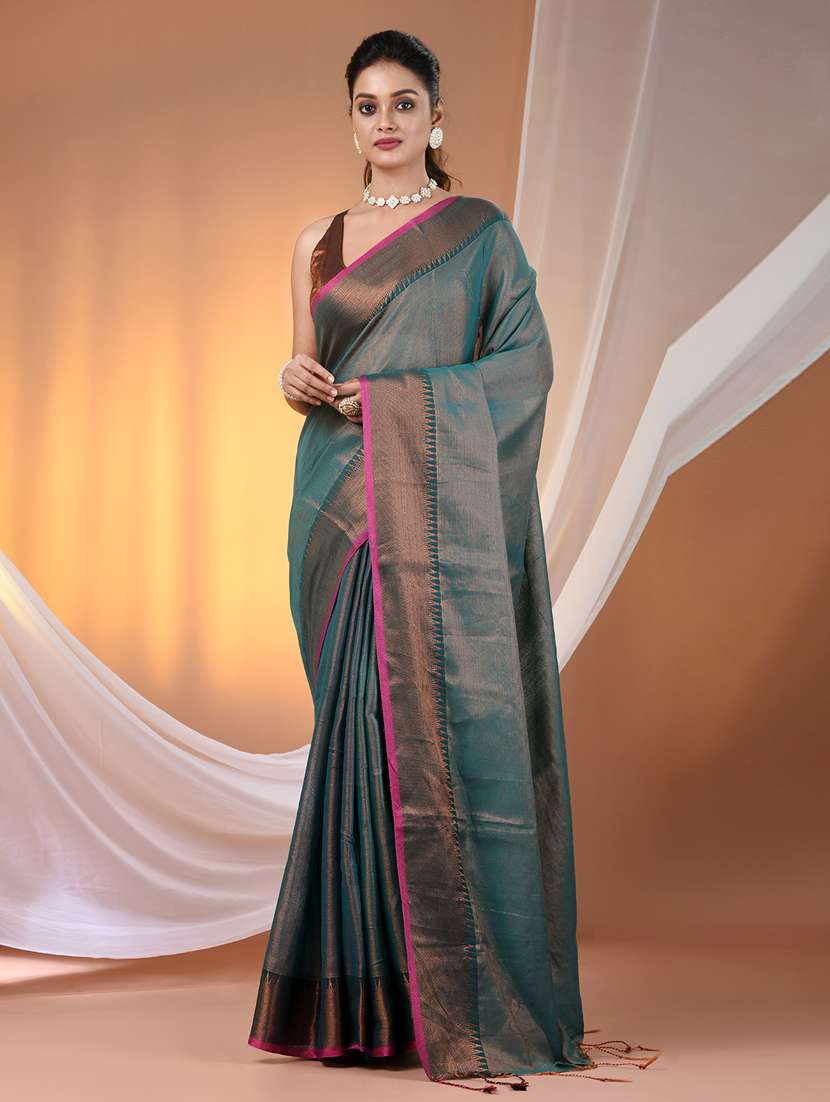 women solid with bordered handloom saree with blouse - 21905562 -  Zoom Image - 0