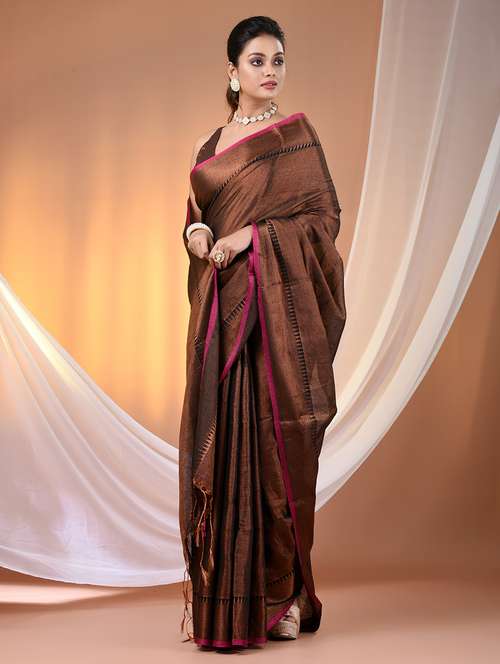 women brown handloom saree with blouse - 21905570 - Standard Image - 0