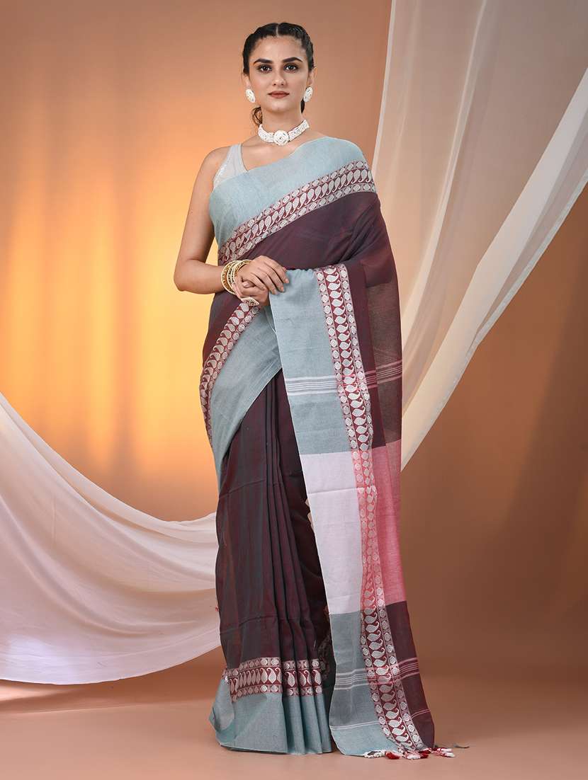 women maroon handloom saree with blouse - 21905575 -  Zoom Image - 0