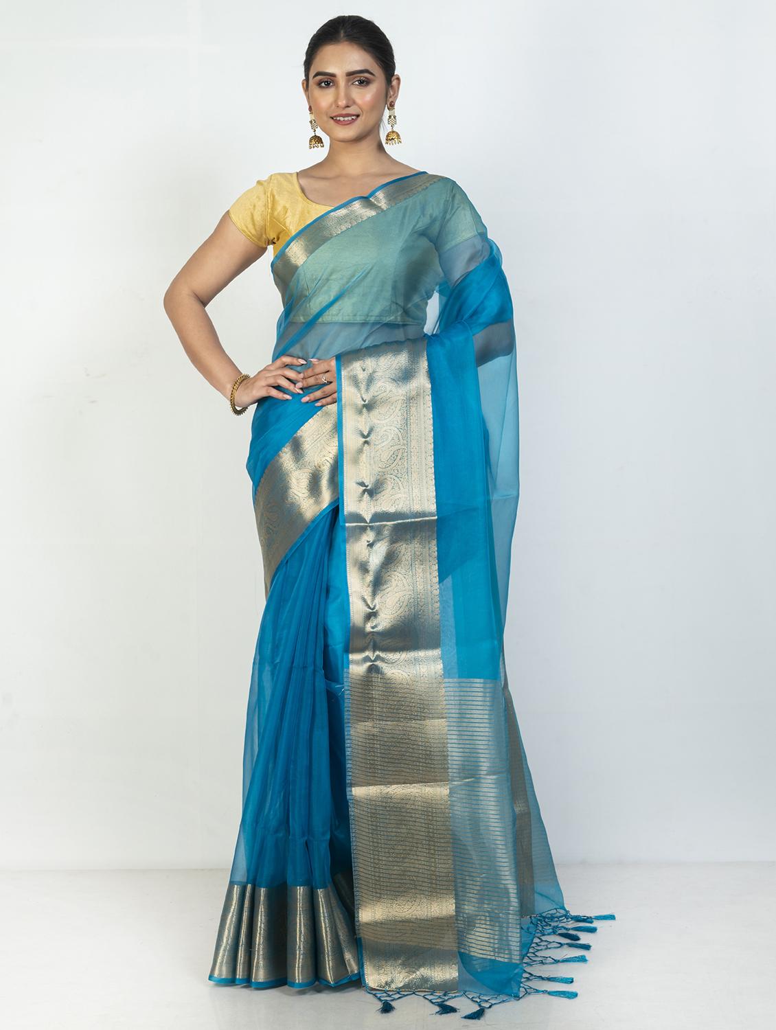 women solid with golden bordered saree with blouse