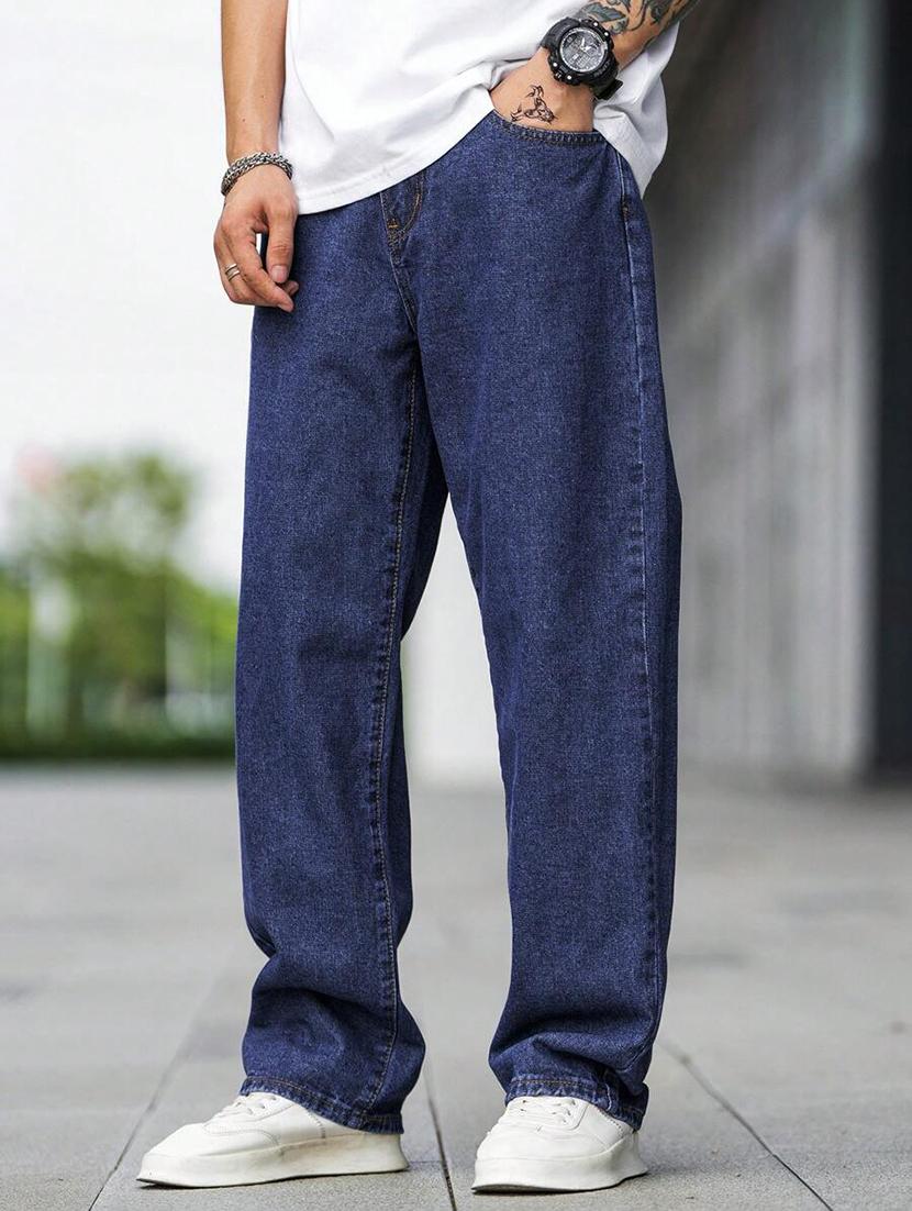 men plain mid rise full length baggy jeans