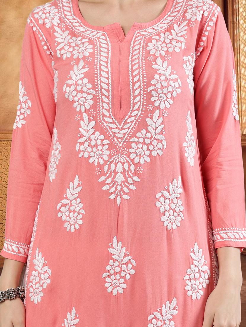 women three quarter sleeve straight chikankari kurta - 21906069 - Standard Image - 5