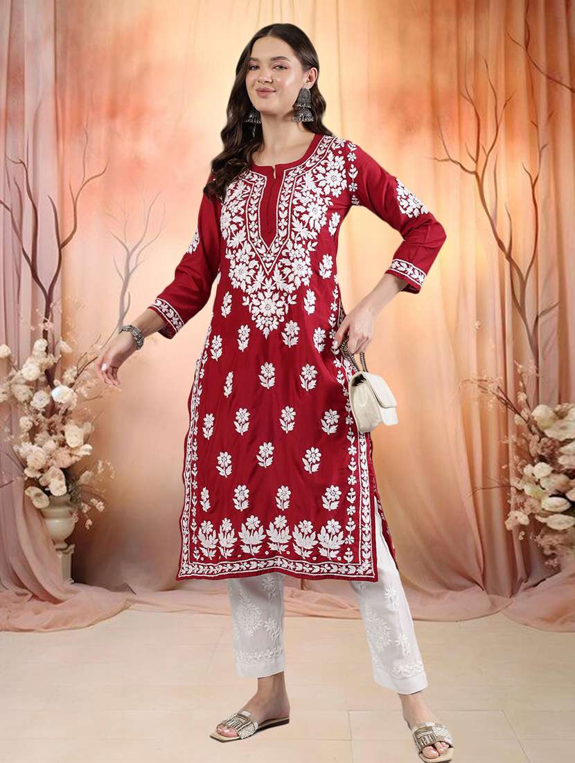 women three quarter sleeve straight chikankari kurta - 21906072 -  Zoom Image - 0