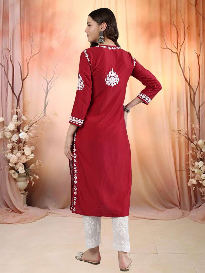 women three quarter sleeve straight chikankari kurta - 21906072 -  Standard Image - 3