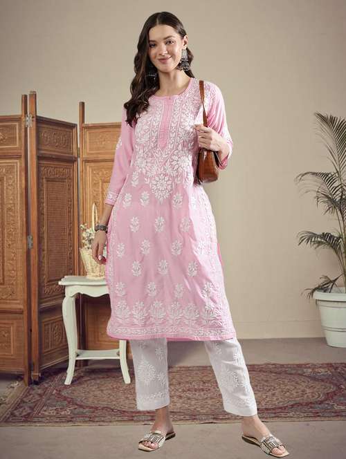 women three quarter sleeve straight chikankari kurta - 21906073 -  Standard Image - 0
