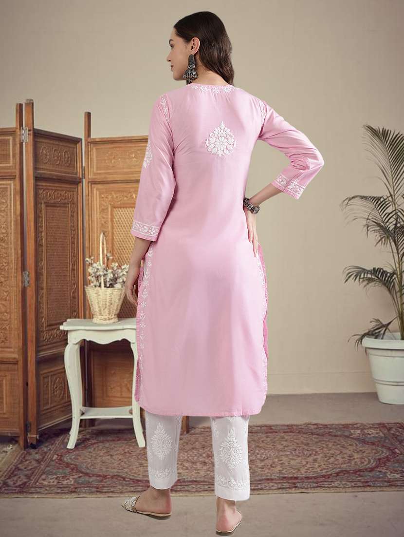 women three quarter sleeve straight chikankari kurta - 21906073 -  Standard Image - 3
