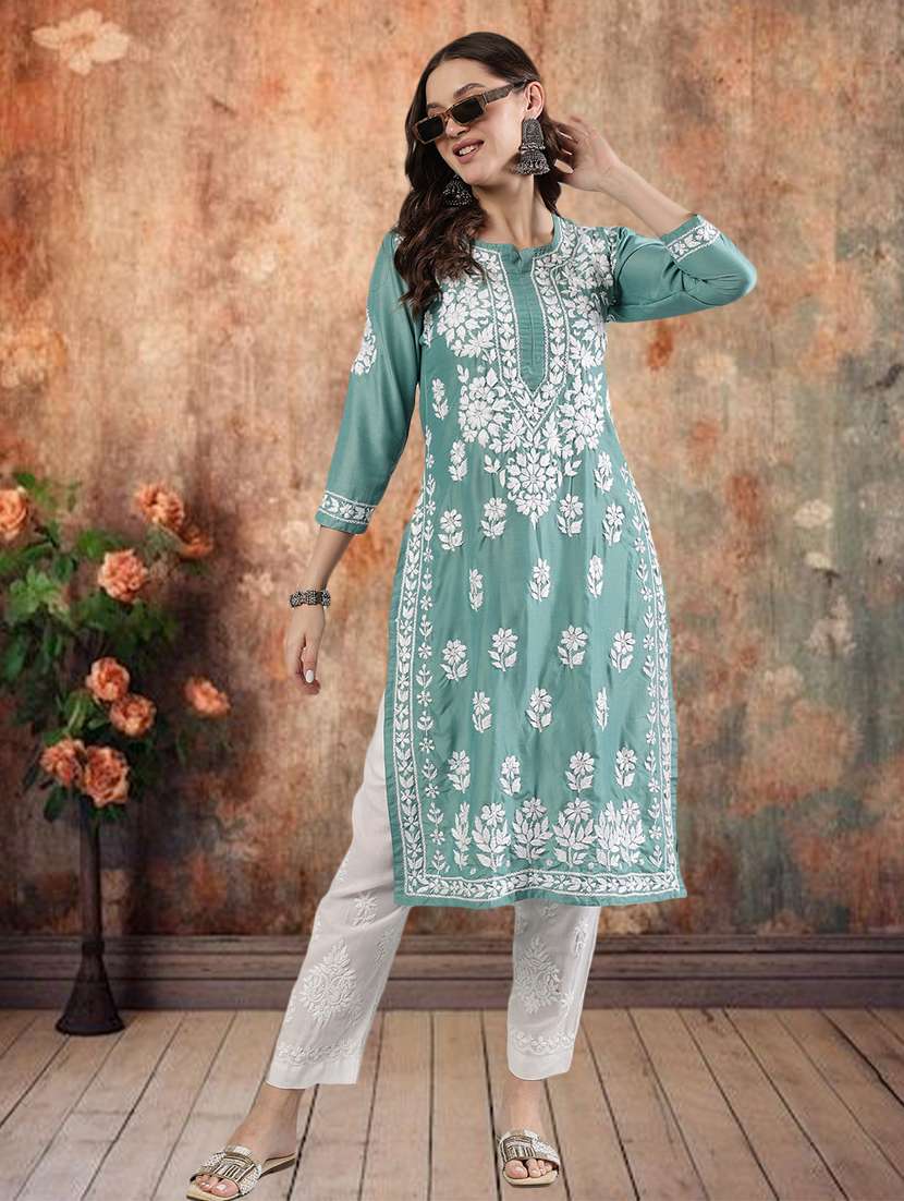 women three quarter sleeve straight chikankari kurta