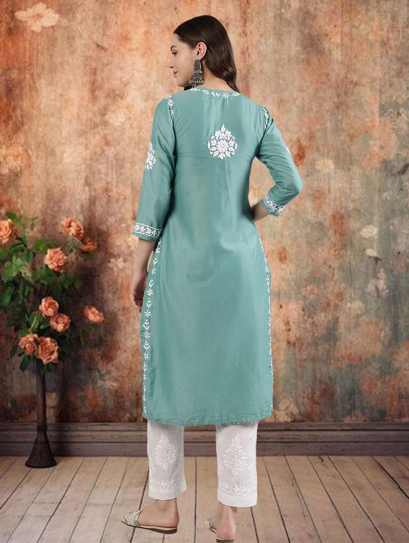 women three quarter sleeve straight chikankari kurta - 21906074 -  Standard Image - 3