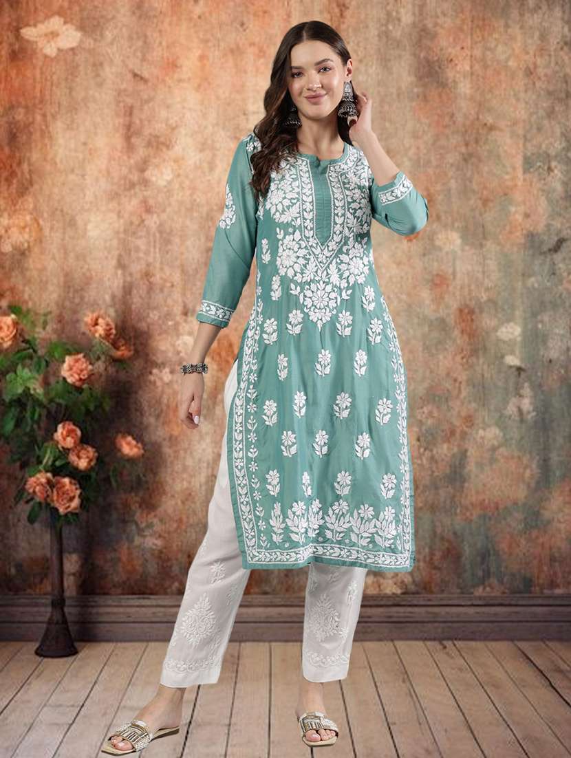 women three quarter sleeve straight chikankari kurta - 21906074 -  Standard Image - 5