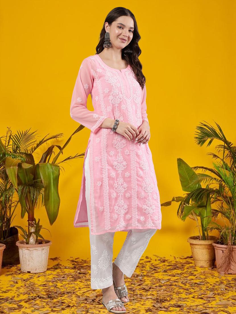 women three quarter sleeve straight chikankari kurta - 21906075 - Standard Image - 3