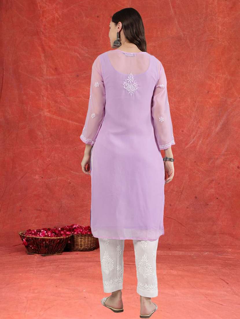 women three quarter sleeve straight chikankari kurta - 21906076 -  Standard Image - 3