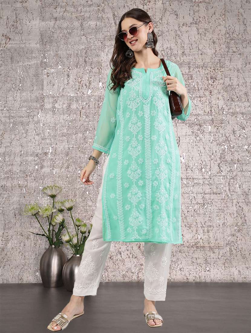 women three quarter sleeve straight chikankari kurta