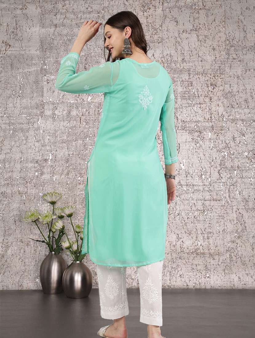 women three quarter sleeve straight chikankari kurta - 21906077 -  Standard Image - 3