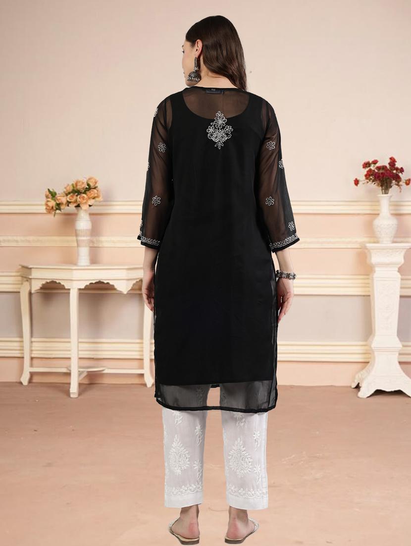 women three quarter sleeve straight chikankari kurta - 21906079 - Standard Image - 3