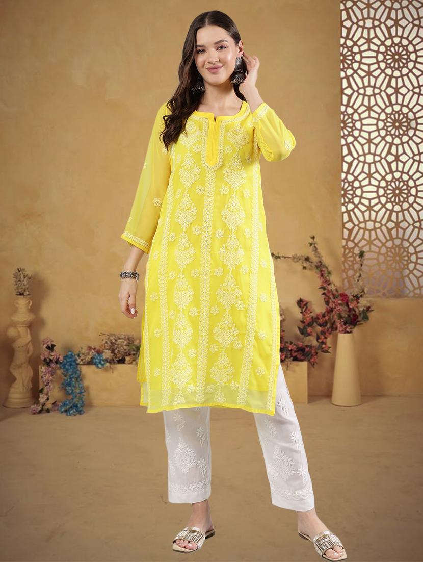 women three quarter sleeve straight chikankari kurta - 21906080 - Zoom Image - 0