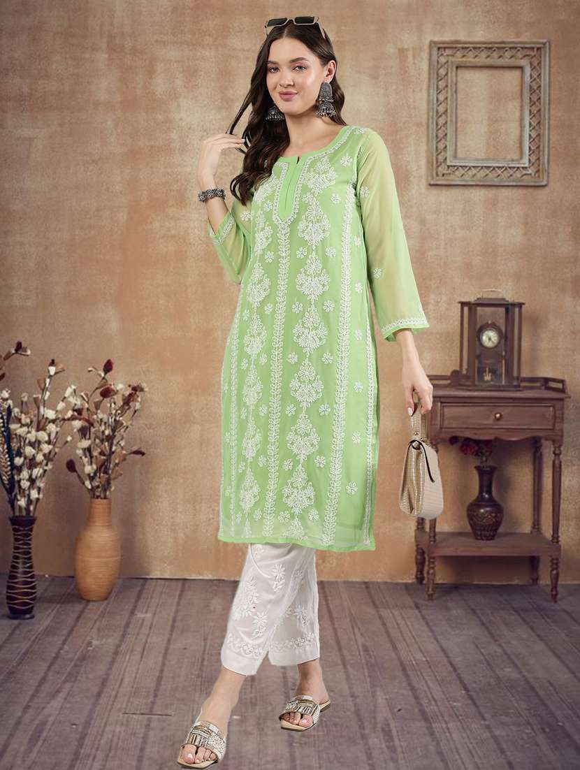 women three quarter sleeve straight chikankari kurta - 21906081 - Zoom Image - 0