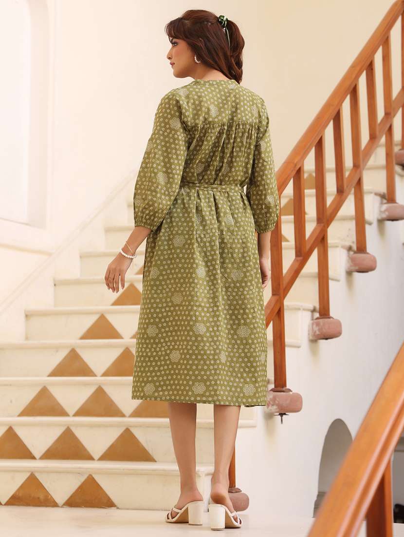 women olive printed three quarter sleeve a-line dress - 21906085 - Standard Image - 3