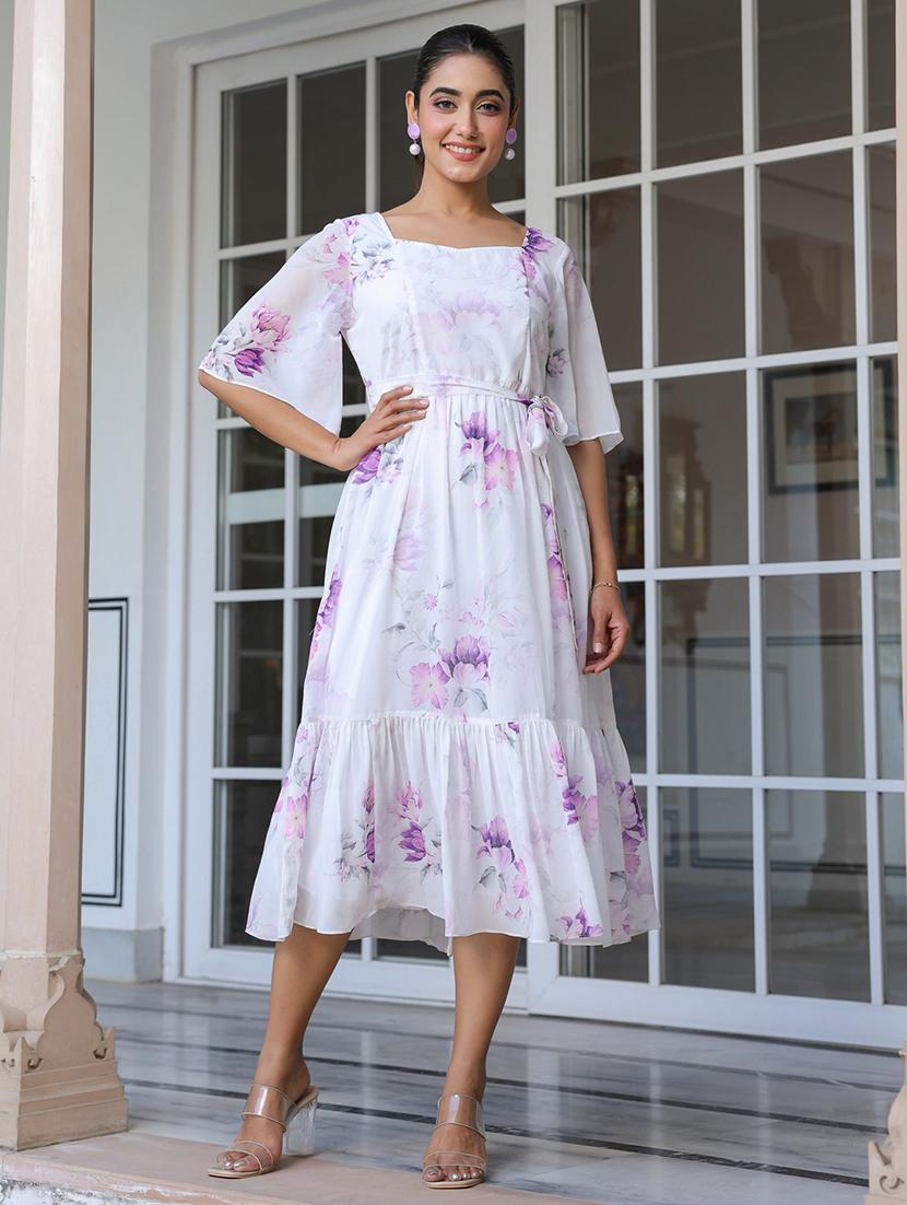 women white floral printed flared sleeve tiered dress - 21906088 - Zoom Image - 0