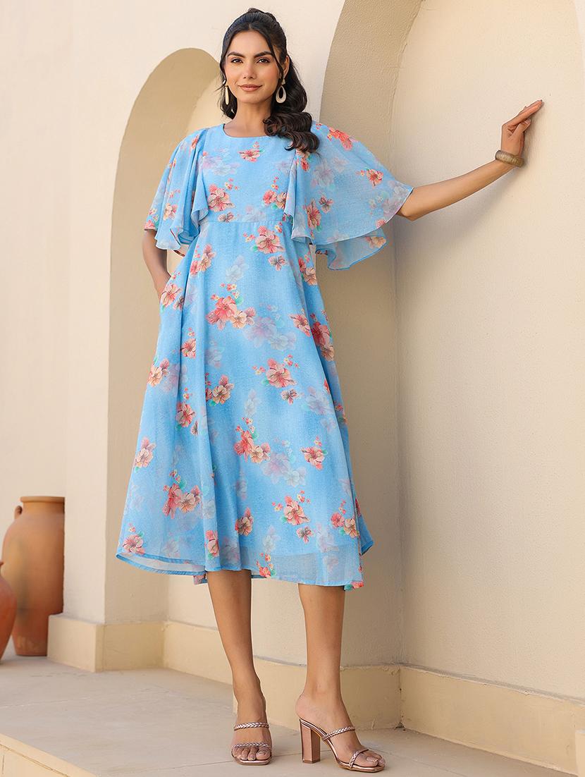 women blue floral printed flared sleeve a-line dress - 21906089 -  Zoom Image - 0