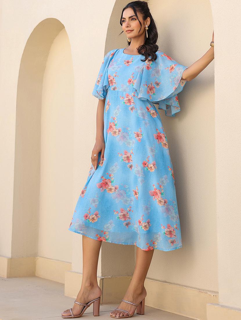 women blue floral printed flared sleeve a-line dress - 21906089 - Standard Image - 3