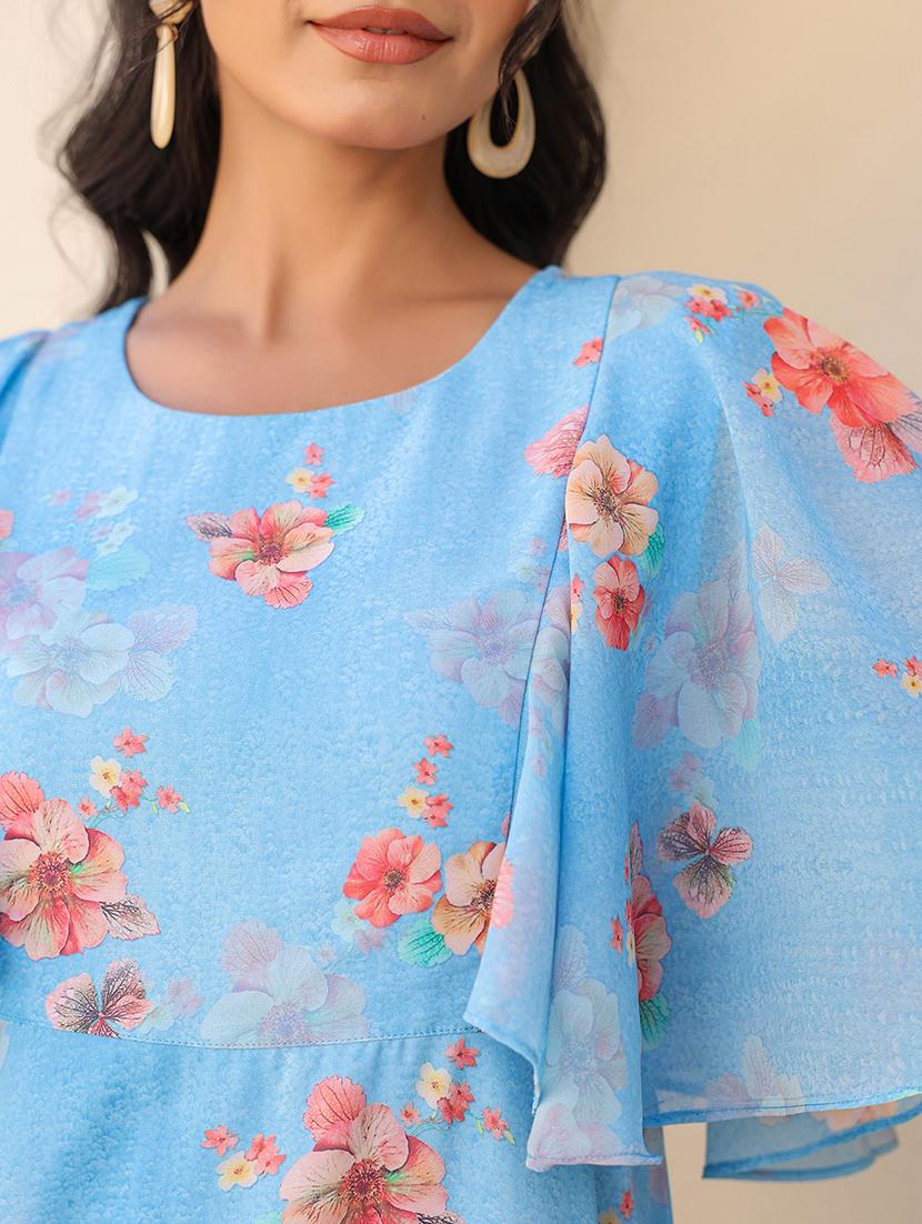 women blue floral printed flared sleeve a-line dress - 21906089 - Standard Image - 5