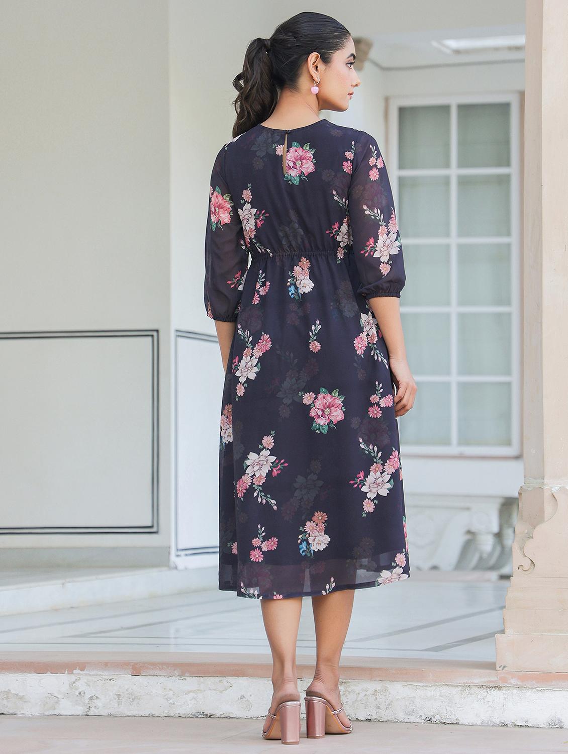 women navy blue floral printed round neck fit & flare dress - 21906090 - Standard Image - 3