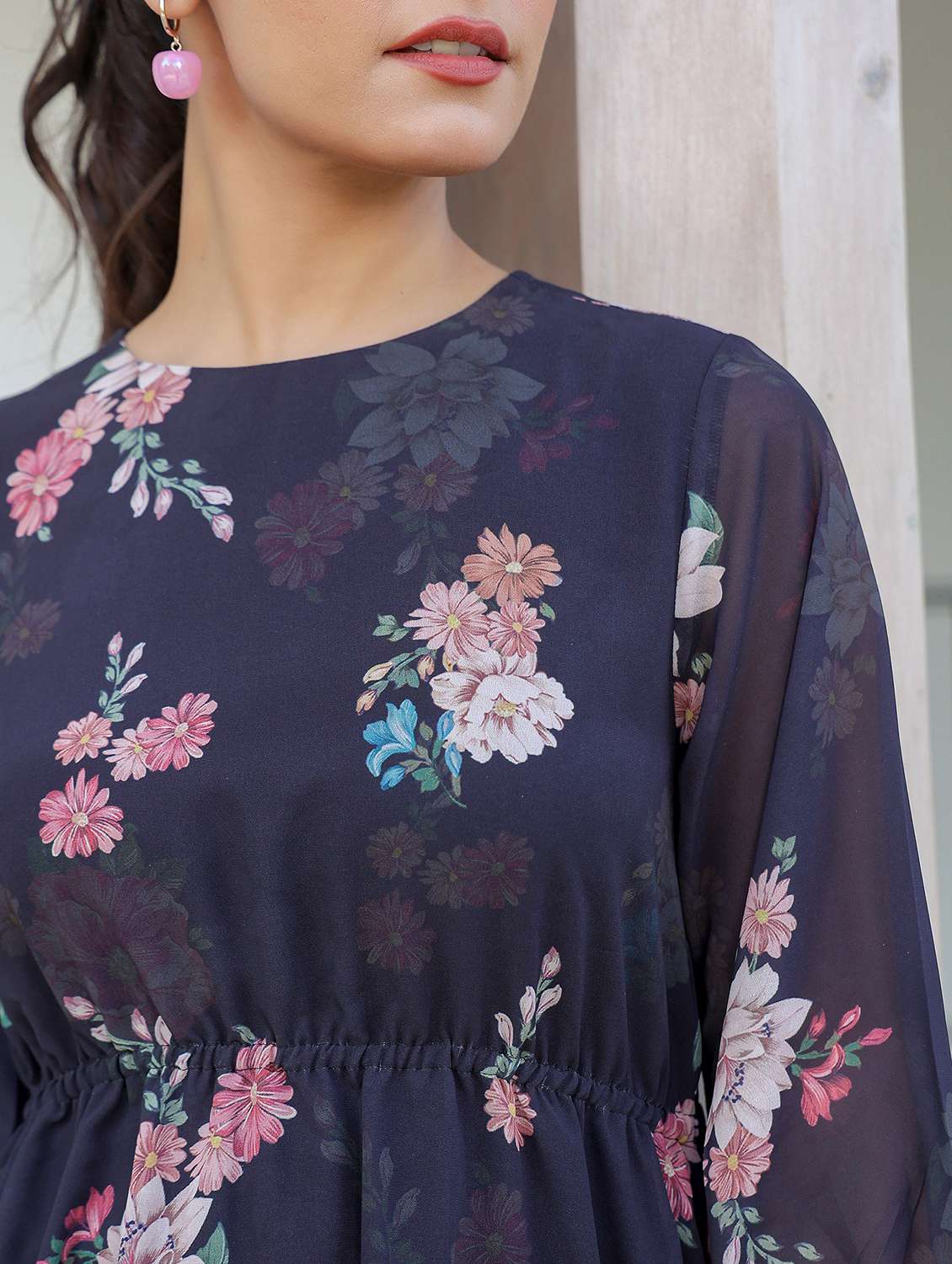 women navy blue floral printed round neck fit & flare dress - 21906090 - Standard Image - 5