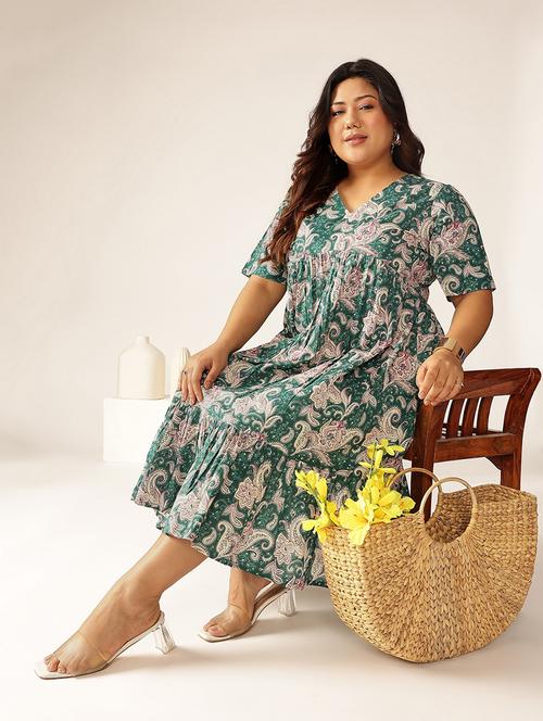 women plus size green paisley printed tiered dress - 21906092 - Standard Image - 0
