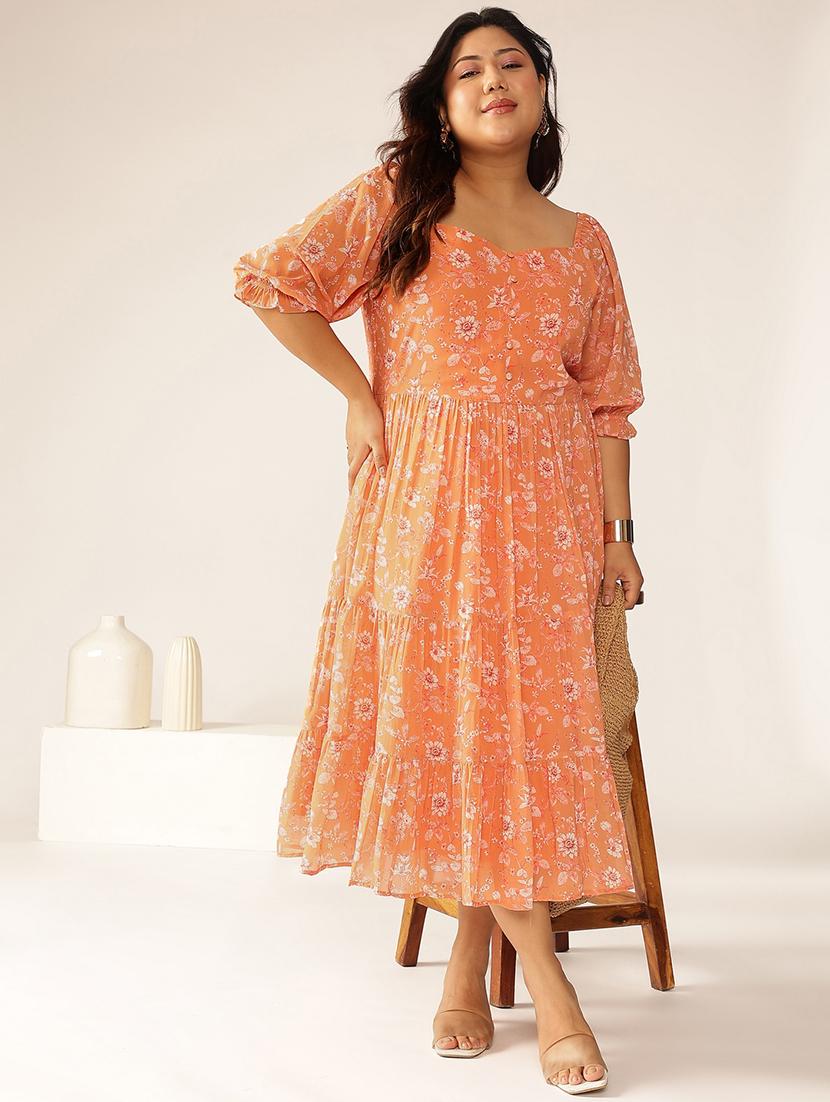 women plus size orange floral printed tiered dress - 21906094 -  Zoom Image - 0