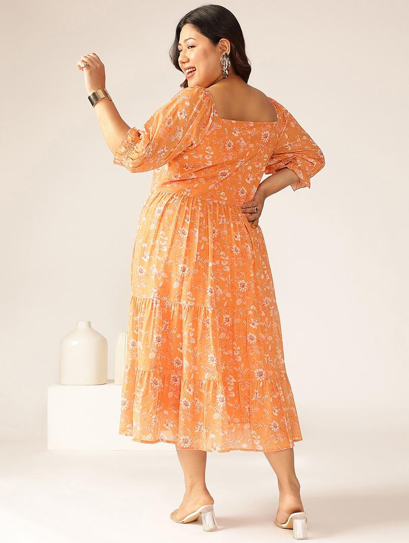 women plus size orange floral printed tiered dress - 21906094 - Standard Image - 3