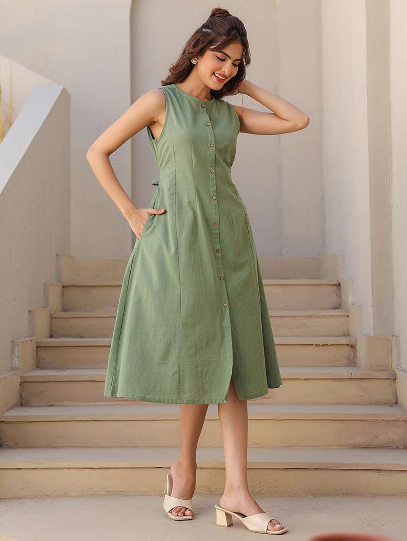 women green solid round neck a-line dress - 21906103 -  Standard Image - 3
