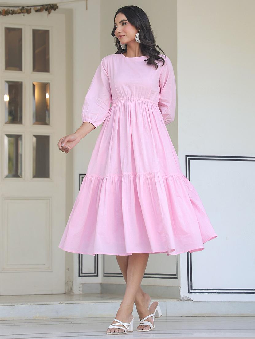 women pink solid three quarter sleeve tiered dress - 21906106 -  Zoom Image - 0