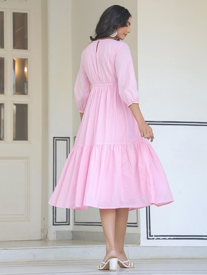 women pink solid three quarter sleeve tiered dress - 21906106 - Standard Image - 3