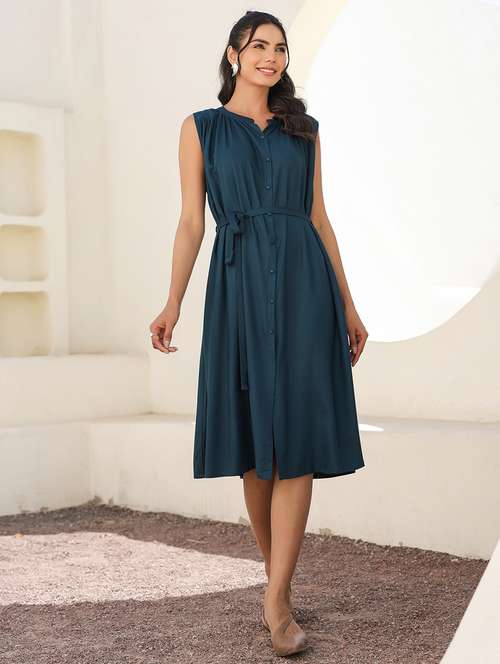 women solid mandarin neck sleeveless shirt dress - 21906108 - Standard Image - 0