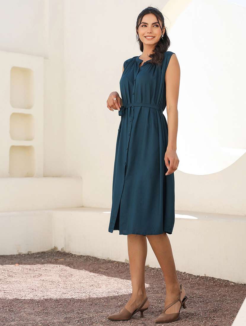 women solid mandarin neck sleeveless shirt dress - 21906108 - Standard Image - 3