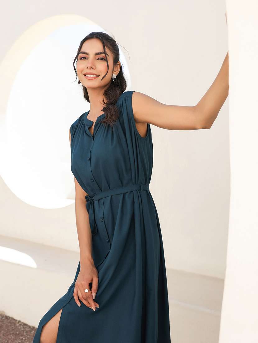 women solid mandarin neck sleeveless shirt dress - 21906108 - Standard Image - 5