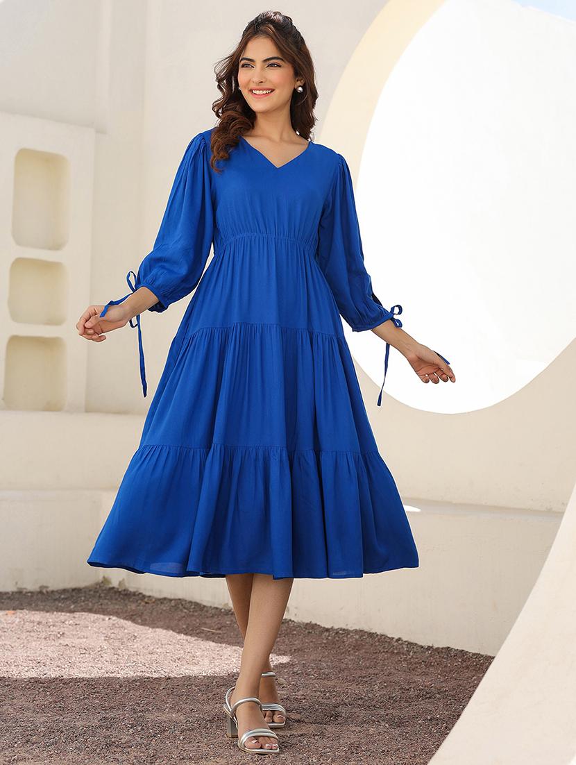 women blue solid v neck tiered dress  - 21906109 -  Zoom Image - 0