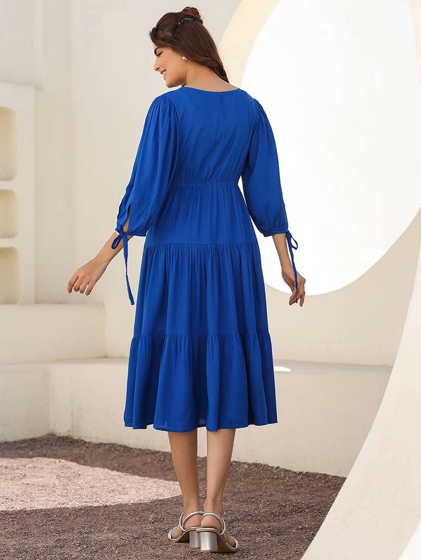 women blue solid v neck tiered dress - 21906109 - Standard Image - 3