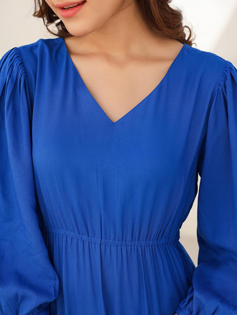 women blue solid v neck tiered dress - 21906109 - Standard Image - 5