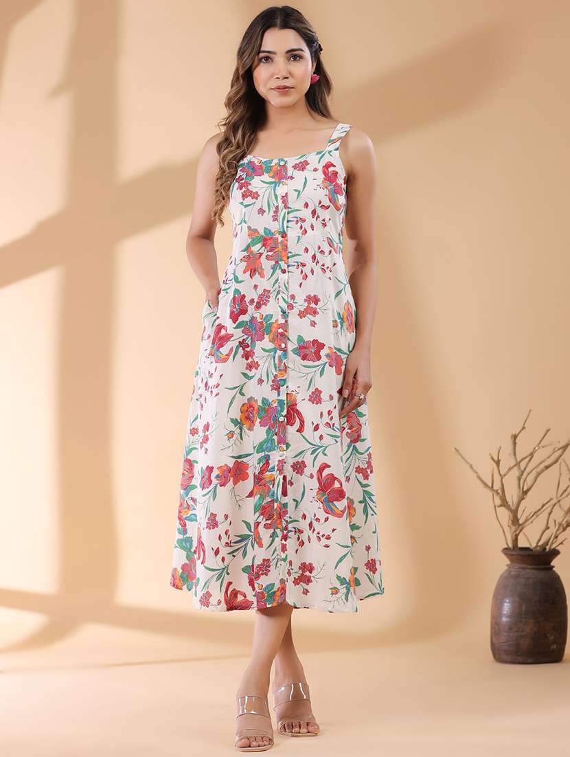 women off white floral printed a-line dress - 21906112 - Zoom Image - 0