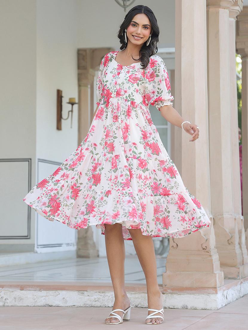 women cream floral printed tiered dress - 21906113 - Standard Image - 3