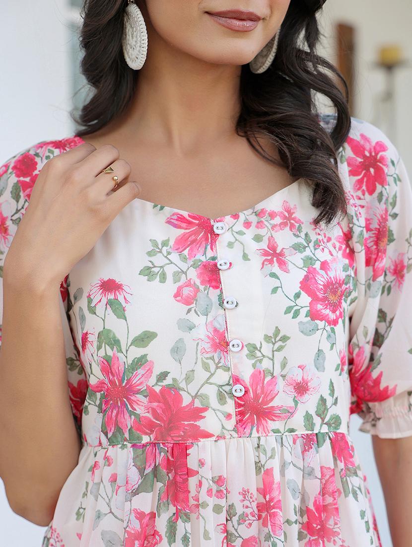 women cream floral printed tiered dress - 21906113 - Standard Image - 5