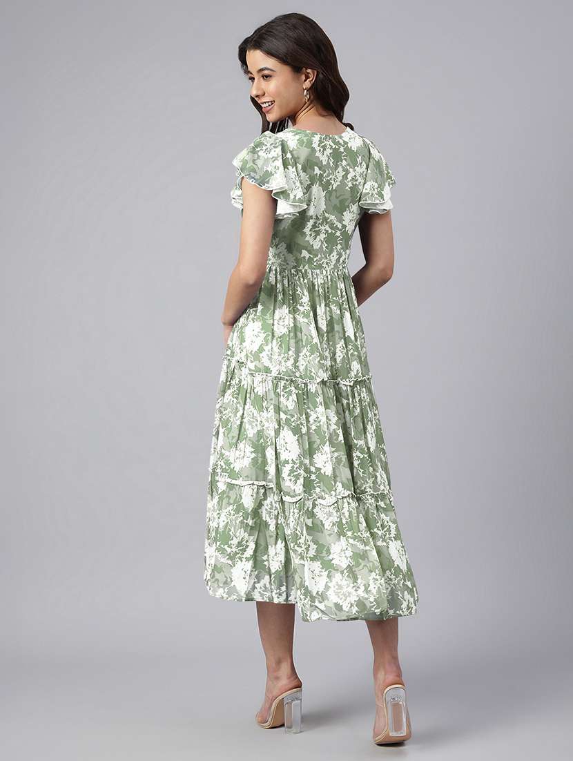 women green printed v neck tiered dress - 21906114 -  Standard Image - 3