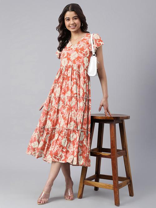 women orange printed v neck tiered dress - 21906116 -  Standard Image - 0
