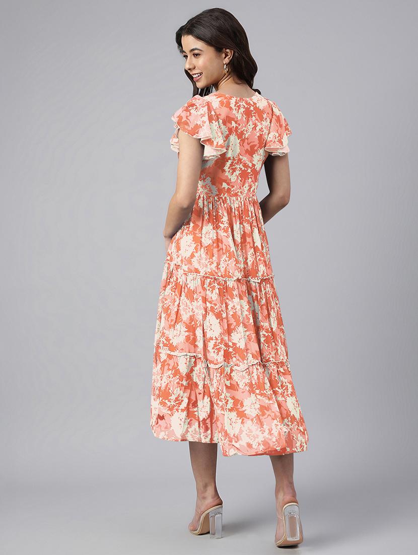 women orange printed v neck tiered dress - 21906116 - Standard Image - 3