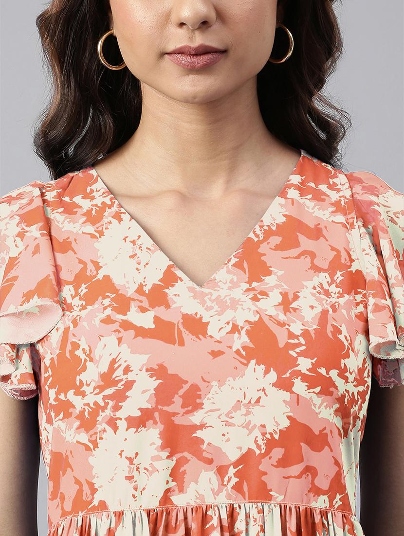 women orange printed v neck tiered dress - 21906116 - Standard Image - 5